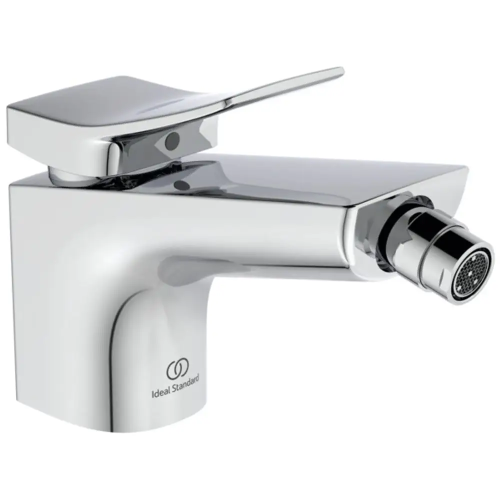 Chromene Bidetarmatur von Ideal Standard mit einem Hebel, der sich links befindet, und einem Wasseranschluss vorne.